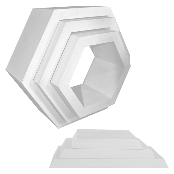 Elegant Hexagonal Wooden Floating Shelves - Modern Home Decor White Color
