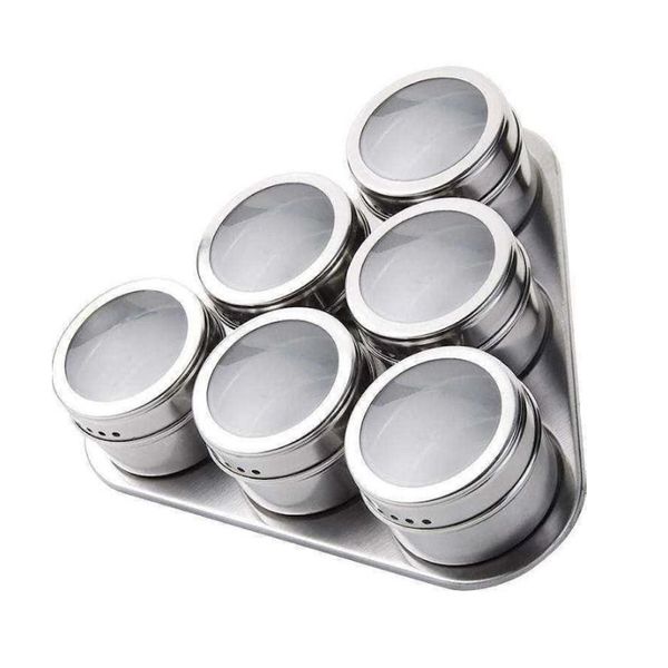 Set Of 6 Stainless Steel Triangular Base Magnetic Spice Tins - Silver