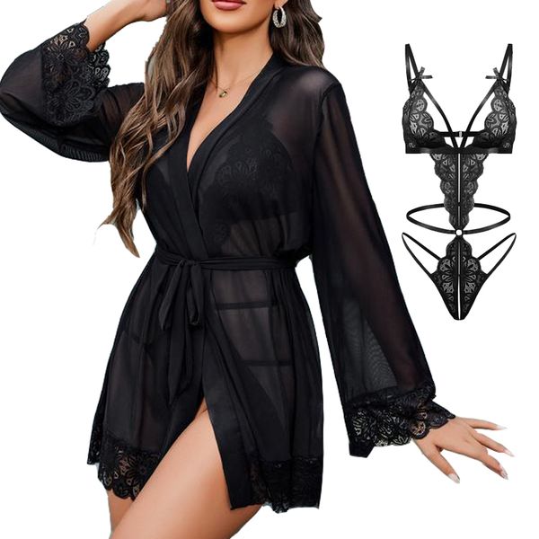 Women Black Nylon Blend Underwear Set Lace Lingerie Set