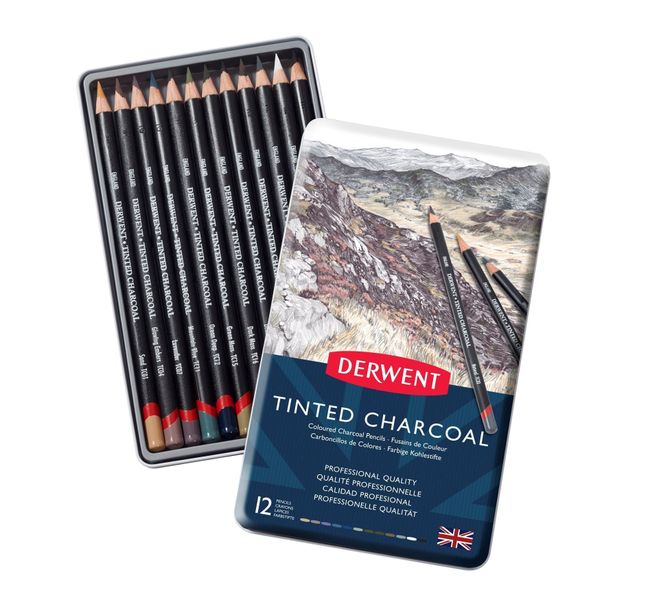 Derwent Tinted Charcoal Drawing Pencils, Set of 12, Watersoluble, 2301690