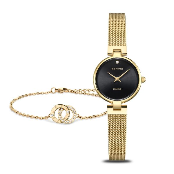 BERING Classic Ladies Stainless Steel Gold Plated Watch and Bracelet set