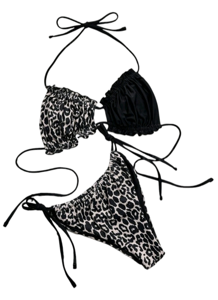 Women's Ruched Bikini Set - Black Leapord Print