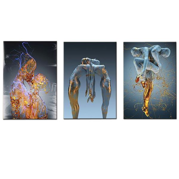 Canvas-Art-3 Pieces Blue &amp; Gold Romantic Couple Abstract Wall Art