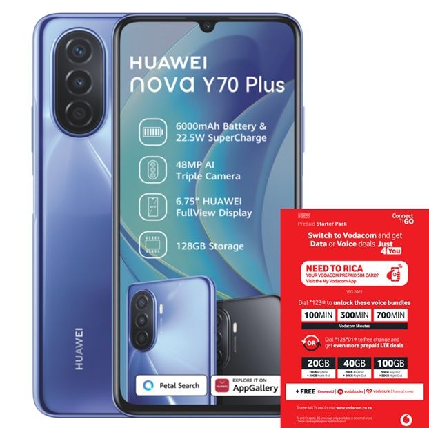 Huawei Nova Y70Plus 128GB Dual Sim - Crystal Blue + Vodacom Sim Card Pack