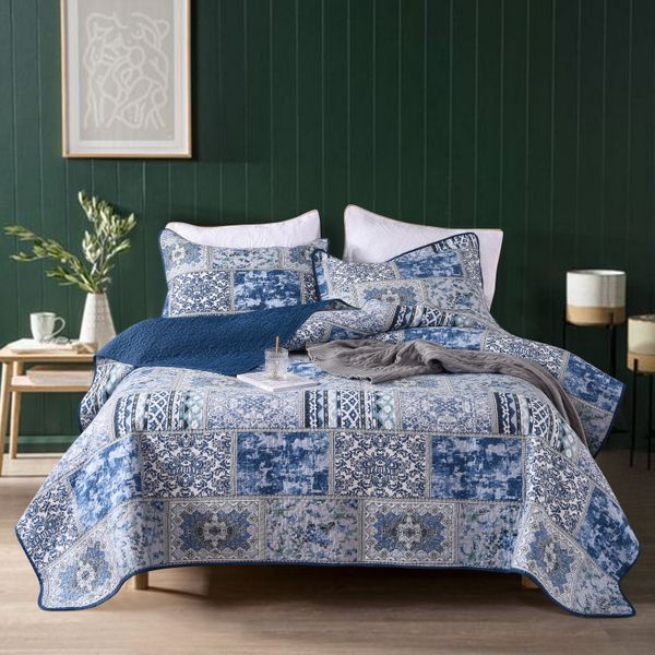 Luxurious Patchwork Bedspread 100% Cotton Quilted Embroidered-WhiteCobalt