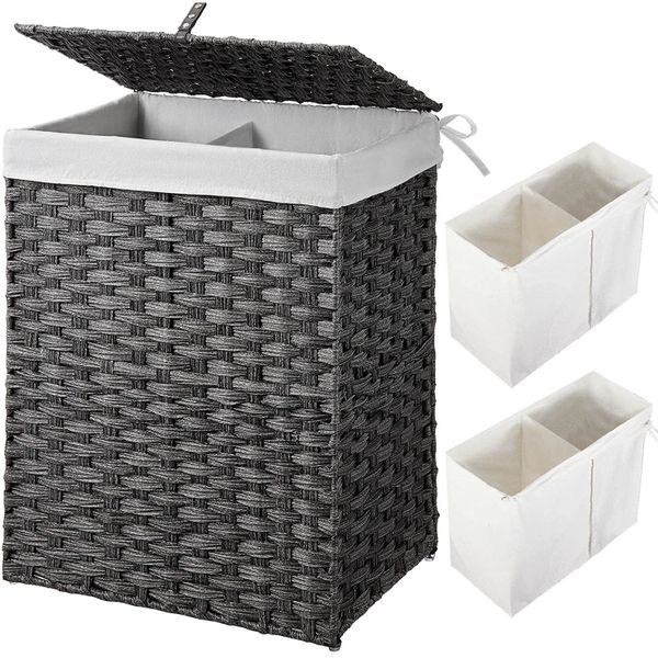 Maisonware Synthetic Rattan Wicker Dual Laundry Basket with Handles - 90 Litre
