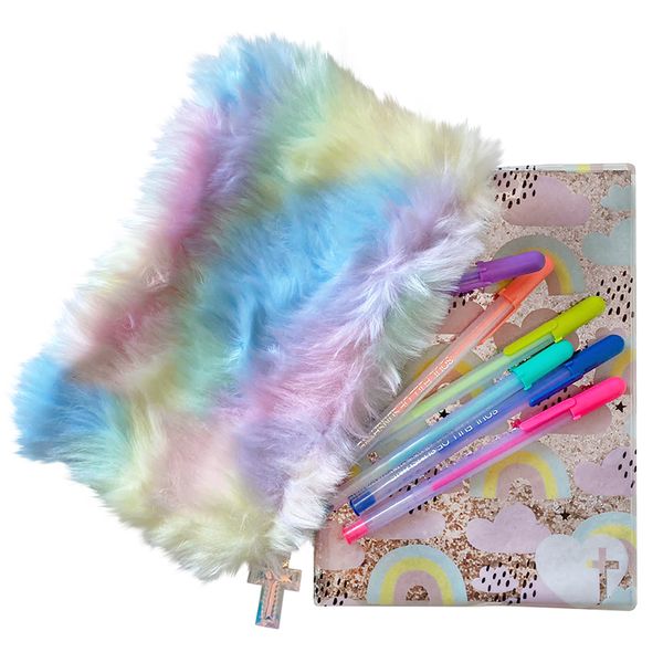 SOKHO Christian Inspired Glitter Notebook and Fur Pencil Bag with Gel Pens