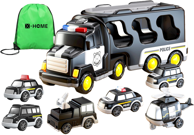 X-HOME Kids Toy Police Truck &amp; Trailer &amp; 6 Police Cars-8 in 1 with Fun Bag