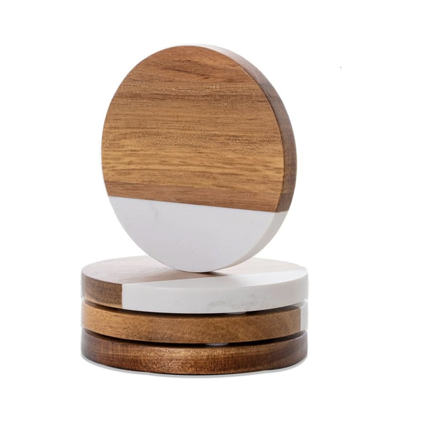 Marble and Acacia Wood Designer Coaster - 4 Pack