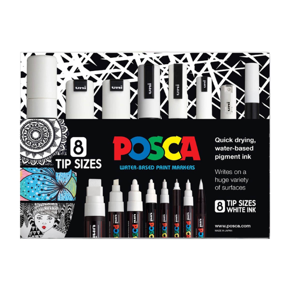 Posca Marker Wallet of 8 Mixed Tip White Markers