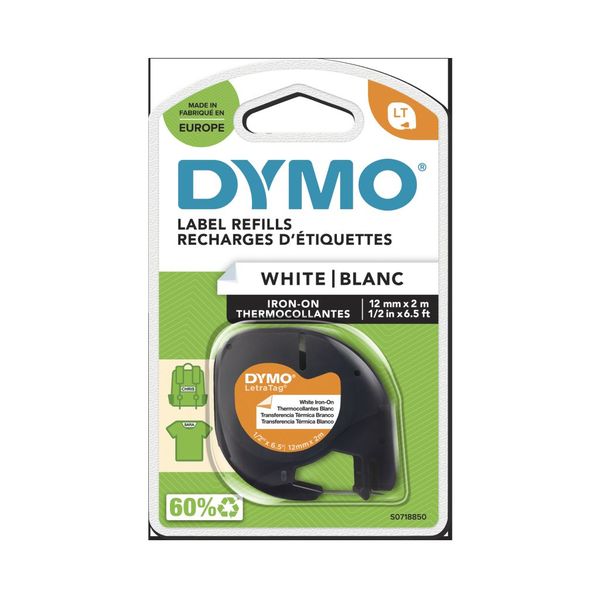Dymo LetraTag 12mm x 2m Black on White Iron-On Tape Cassette