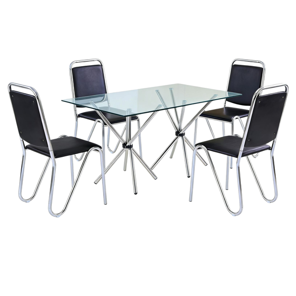 5 Piece Modern Glass Dining Room Set with Chrome Legs &amp; Black Chairs T-5-1