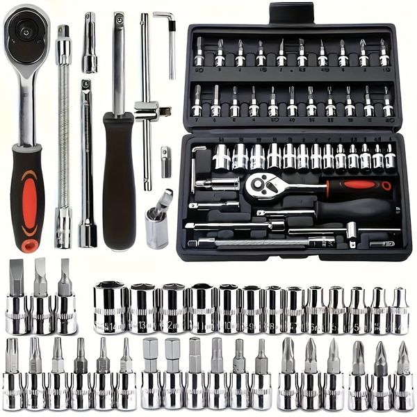 46pcs 1/4" Drive Socket &amp; Ratchet Tool Kit for Car and Home Use