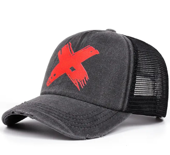 Vintage Distressed Adjustable Snapback Trucker Cap - Red X Graphic