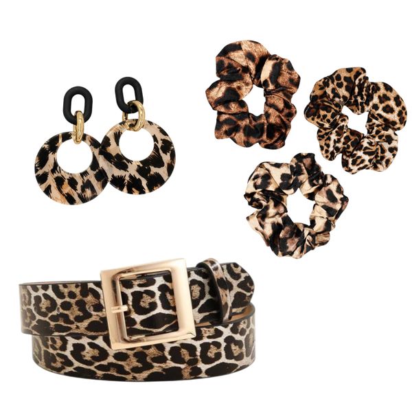 Women's Leopard Print Gift Set - Belt, Drop Earrings &amp; 3 Scrunchies