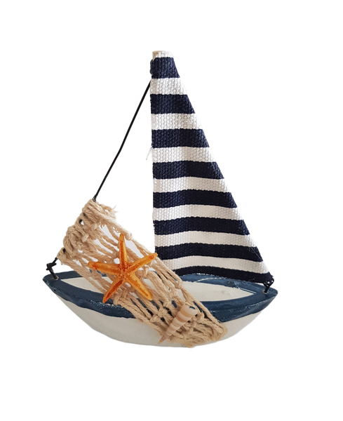 Nautical Mini Wooden Beach Theme Ship - Blue Stripe Sail - Starfish