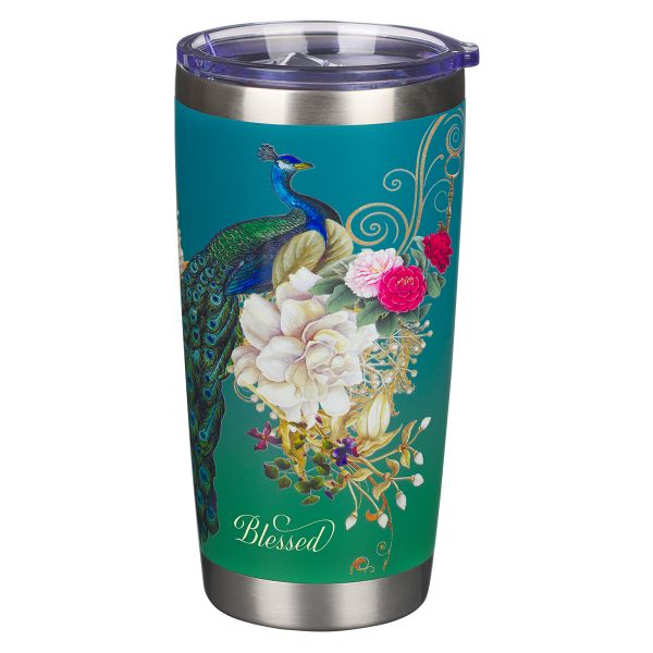 Stainless Steel Travel Mug - Blessed, Blue, Peacock, Jeremiah 17:7