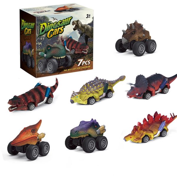 7 Pieces Dinosaur Toys Plastic Pull Back Dinosaur Cars for Kids Toddler Cars
