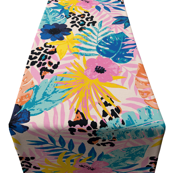Watercolor Tropical Leaves &amp; Hand Drawn Leopard Spots PVC Runner