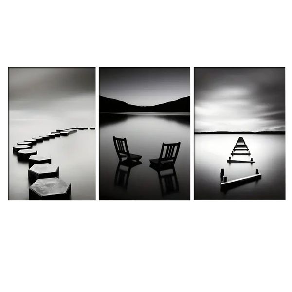 Canvas Art - 3 Pieces Black &amp; White Water Landscape Wall Art