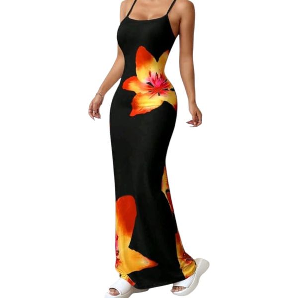 Elegant Floral Print Long Strap Dress Muilticolor