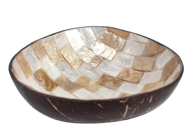 Small Coconut Bowl Gold White Shell Inlay - 11cm