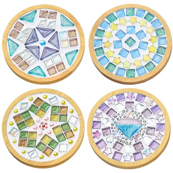 4Pcs Mosaic Tiles DIY Cup Mat Kit Mosaic Crafts With Bamboo Base