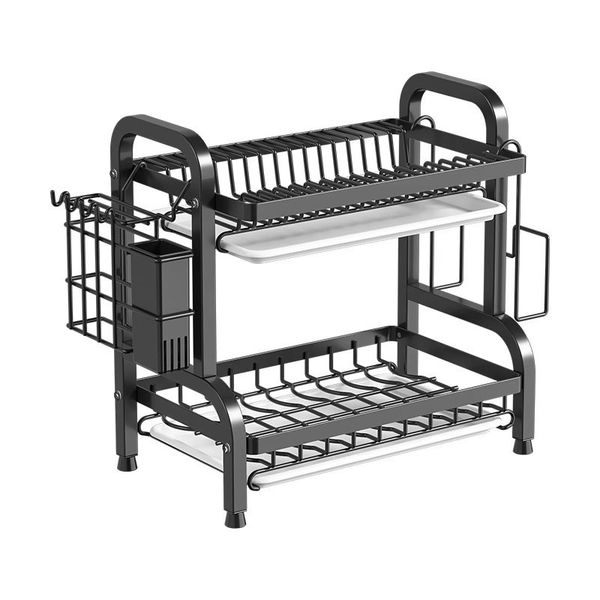 2-Tier Black Dish Drying Rack with Cutlery Holder, Cup Hooks and Trays