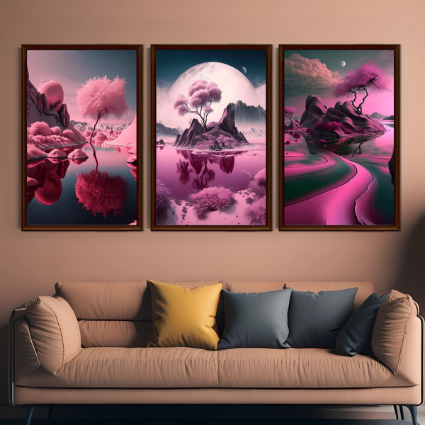 Set of 3 Pink Abstract Surreal Wall Art Decor Prints - A3 Size (Unframed)