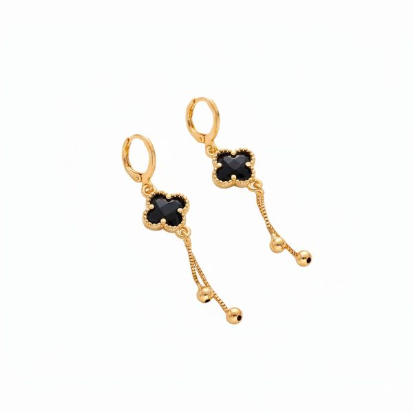 Dangling Gold Cubic Zirconia Black Flower Drop Earrings