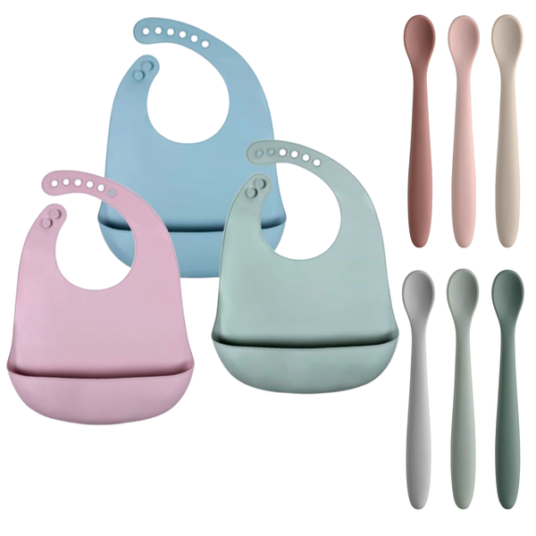 3 Piece Silicone Baby Bibs Waterproof &amp; 6 Piece Silicone Baby Feeding Spoons