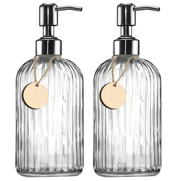 PRUCHEF - 2 Piece Glass Soap Dispenser Set with Steel Pump &amp; Wooden Tags
