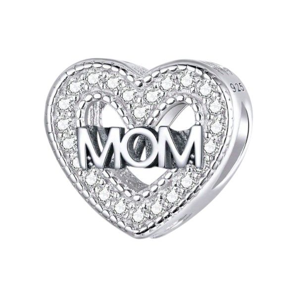 925 Silver Heart-Shaped Mom Charm With Shimmering Zirconia Stones - Silver