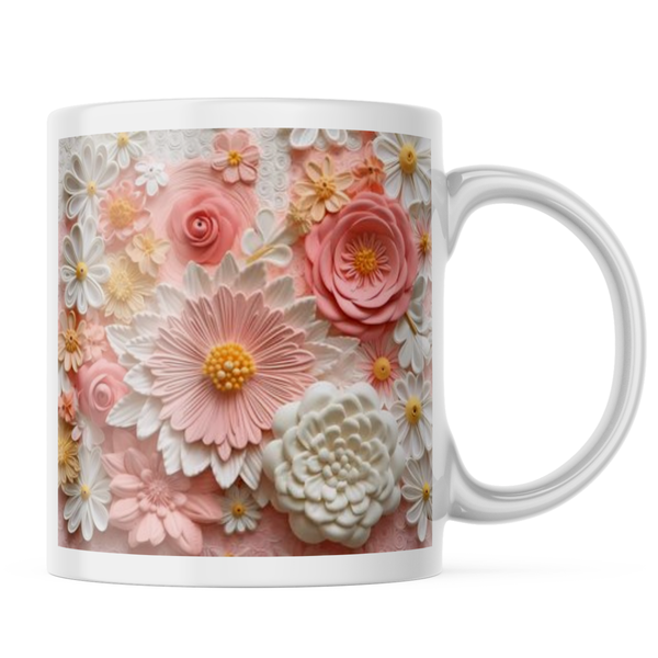 Ceramic 3D Pink and White flowers Mug - White - 11 OZ