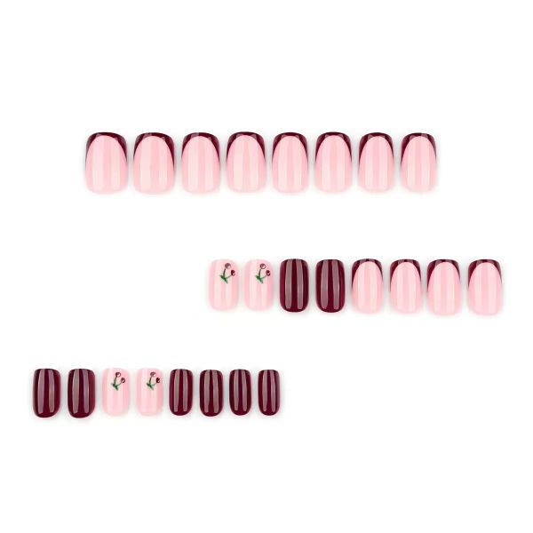 French Burgundy Nail Art, Simple Cherry Short Square Nail Art