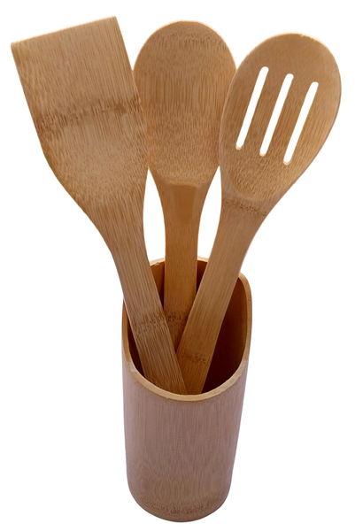 3 Piece Bamboo Wooden Kitchen Spoon Set with Holder