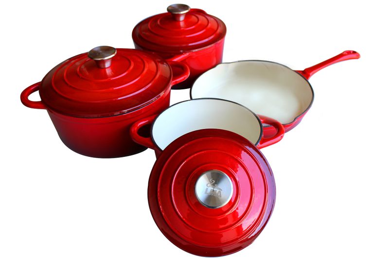 LMA Branded 7 Piece Cast Iron Dutch Oven Cookware Set - Red