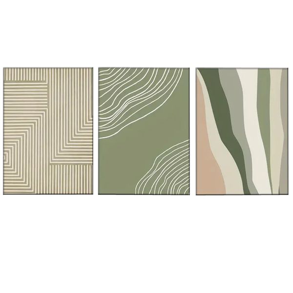 Canvas-Art-3 Pieces Green Boho Lines Abstract Wall Art