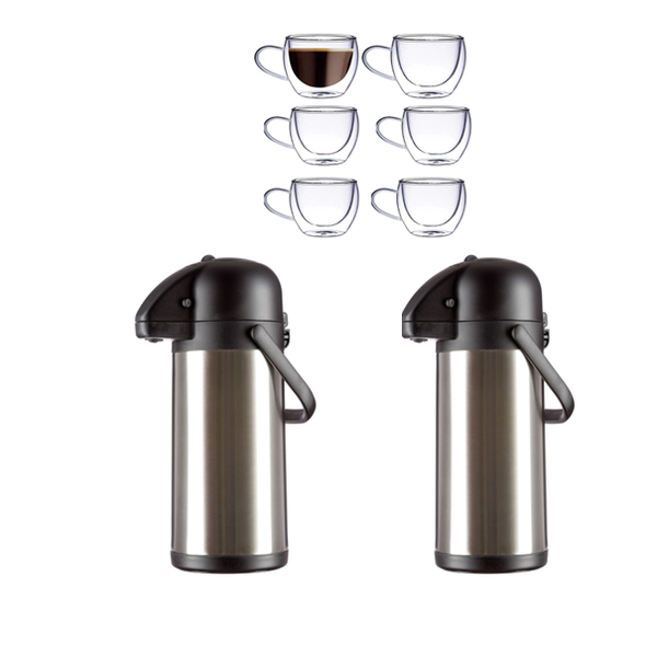 2.2 Litre Airport Flask X 2 and Double Wall Coffee Mugs Combo
