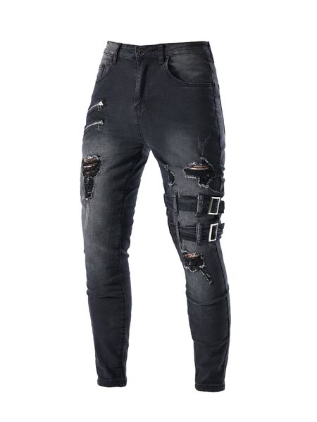 Ripped Jeans For Men - BERNIE B Skinny Biker Jeans - Black Punk