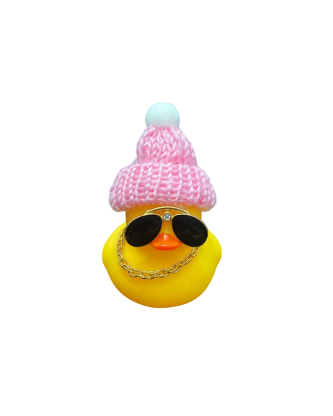Cute Rubber Duck Car Dashboard Ornament Accessory With Pink Beanie