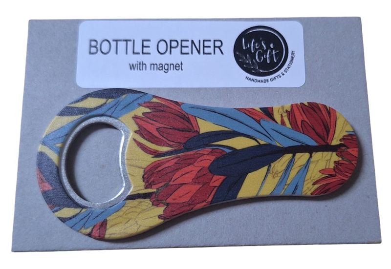 Bottle Opener with Magnet - Blue Leaves Protea on Yellow