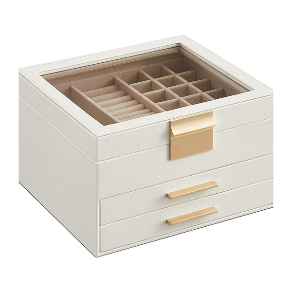 Songmics Jewellery Box with Glass Lid, White with Gold Latch
