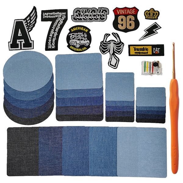 25 Pcs Iron-on Denim Repair Patch with 9 Pcs Embroideries and Repair Kit