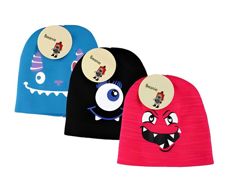 Kids Monster Funny Face 3-Pack Beanie Set