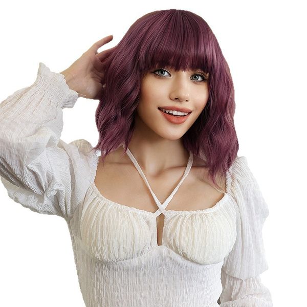 Women's Daily Purple Wig with Blunt Bangs &amp; Short Curly Hair