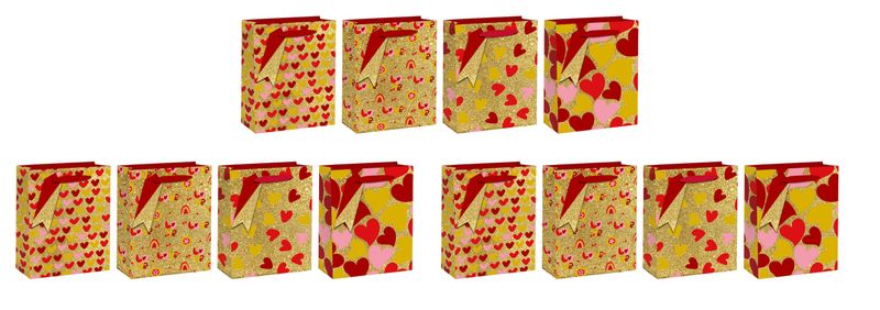 12-Piece Sparkling Gold &amp; Red Heart Print Gift Bags Set - 18 x 23 x 10cm.
