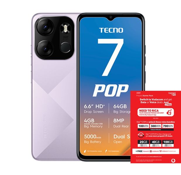 TECNO POP 7 64GB Dual Sim - Nebula Purple + Vodacom SIM Card Pack
