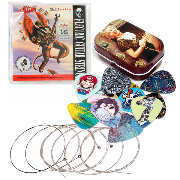 Electric Guitar Strings (Set of 6 Strings) + Guitar Pick Tin (12 Picks)