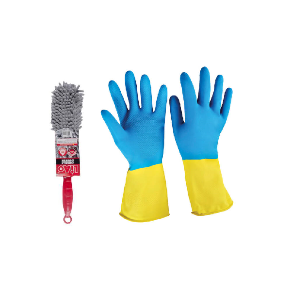 Heavy Duty Blue and Yellow Kitchen Gloves and Chenille Duster